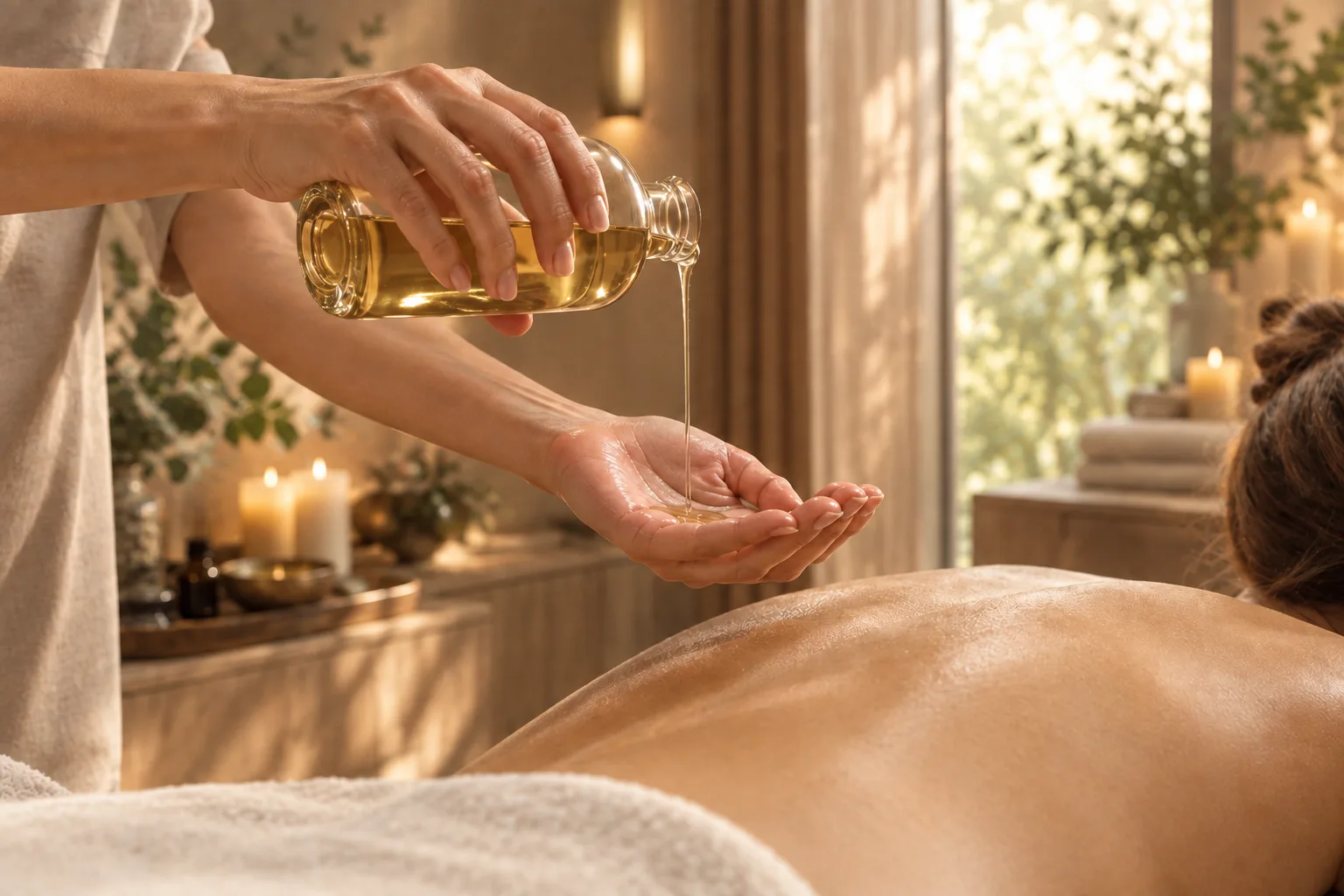 Öl wird für eine Wellnessmassage in die Hand gegeben.